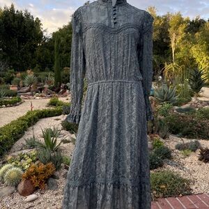Double D Ranch Slate Blue Gray Long Sleeve Lace Midi Prairie Silk Dress Sm